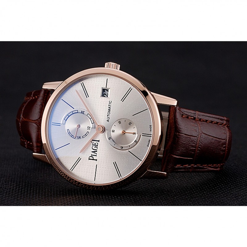 High Quality Piaget Altiplano Date Silver Dial Rose Gold Case Brown Leather Strap-4