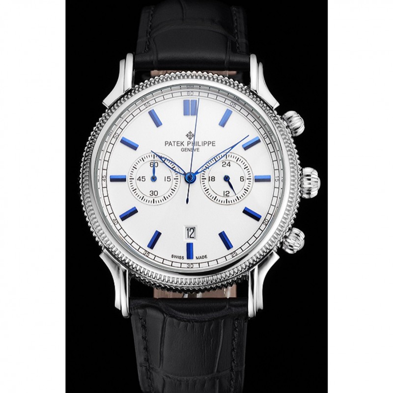 Patek Philippe Chronograph White Dial Blue Markings Stainless Steel Case Black Leather Strap-1