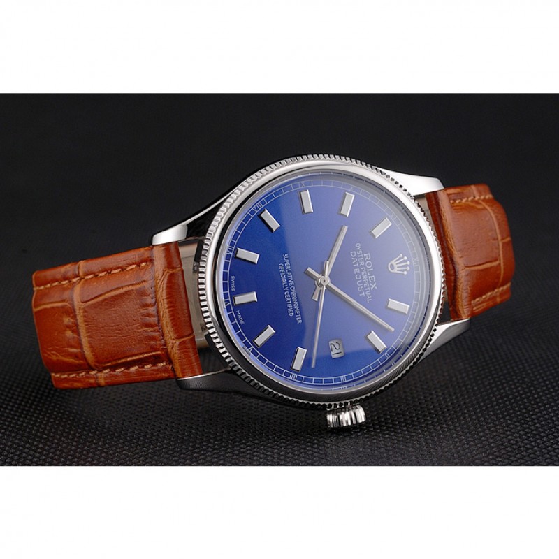 Swiss Rolex Datejust Blue Dial Stainless Steel Case Light Brown Leather Strap-4