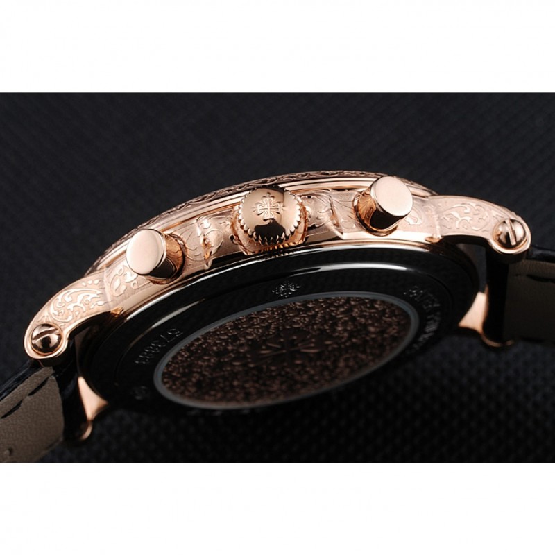 SS Replica Watches Patek Philippe Grand Complications White Dial Engraved Rose Gold Case Black Leather Bracelet 1454144-8