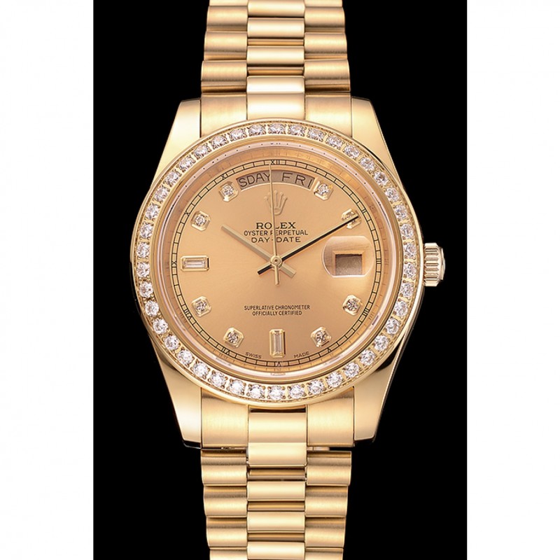 Swiss Rolex Day-Date Champagne Dial Diamond Bezel Gold Bracelet 1454099-1