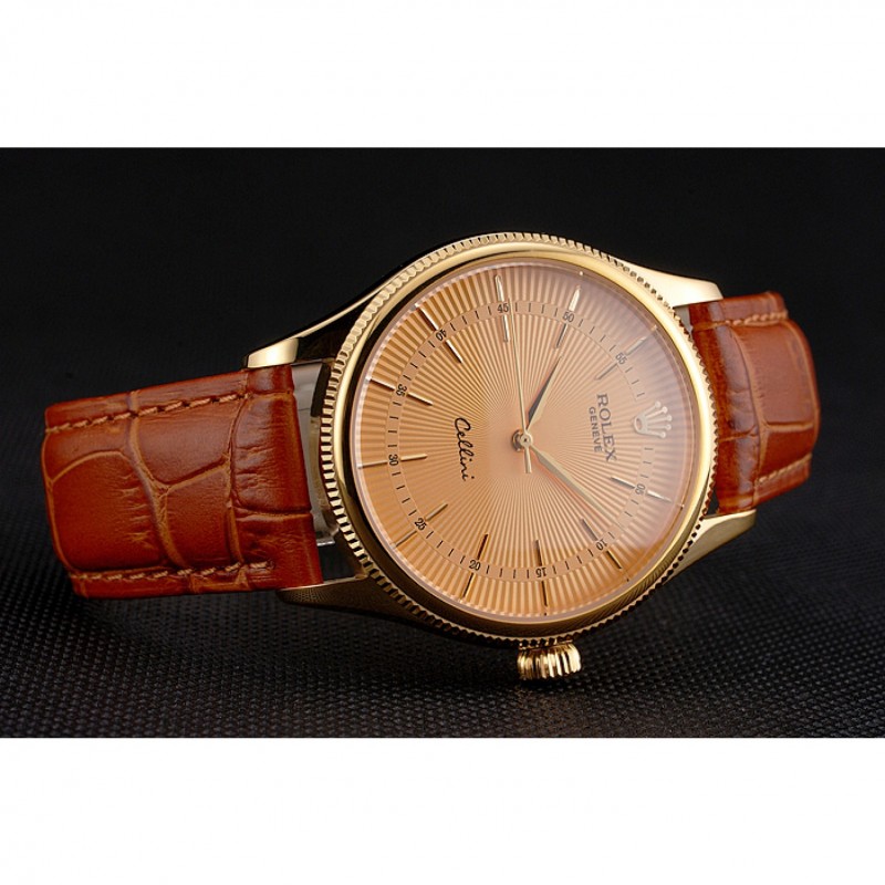 Swiss Rolex Cellini Gold Dial And Markings Gold Case Light Brown Leather Strap-3