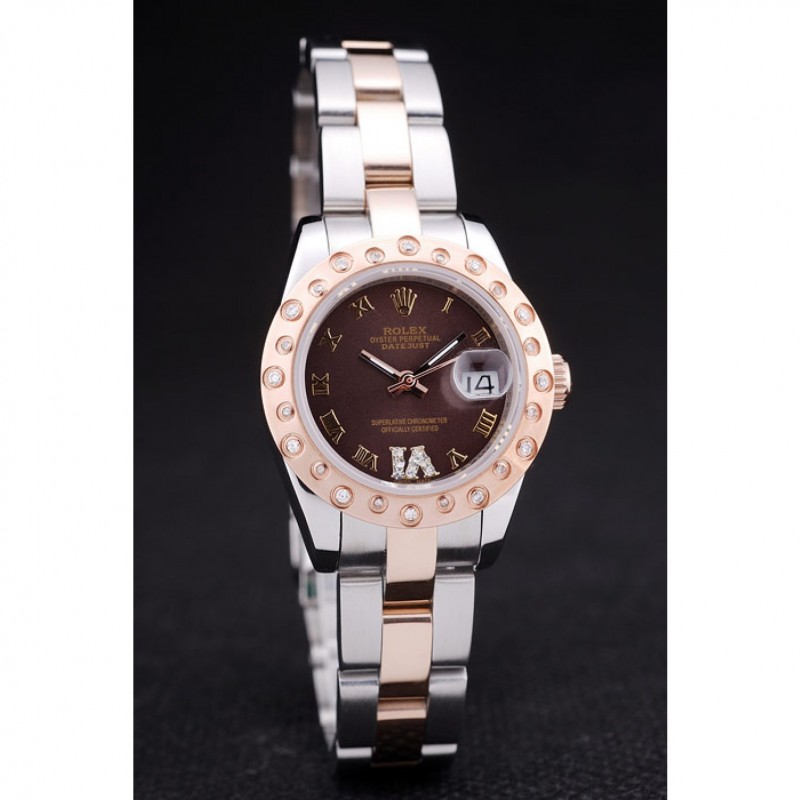 Rolex Datejust Diamonds Rose Gold Polished Bezel Brown Dial 7475-2