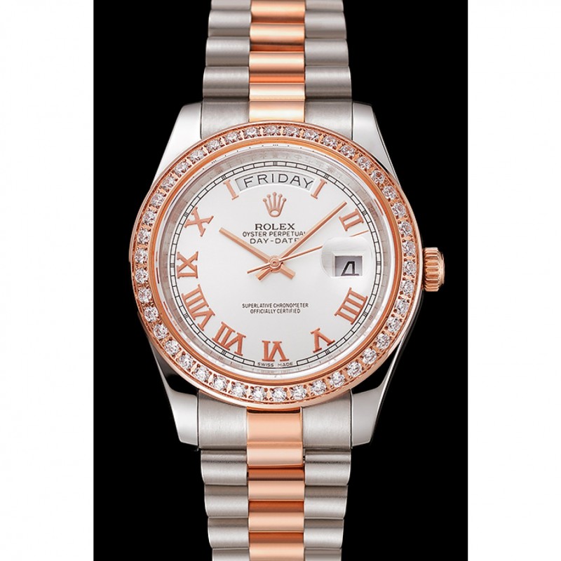 Swiss Rolex Day-Date Diamonds Bezel White Dial Rose Gold And Staineless Steel Bracelet 1454108-1