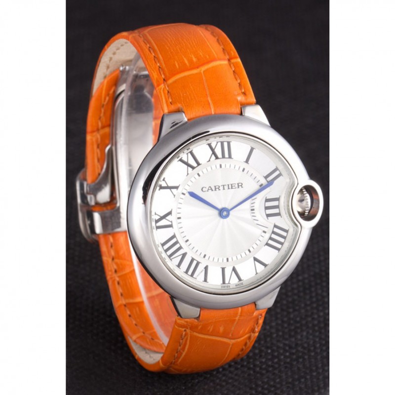 Cartier Ballon Bleu Silver Bezel with White Dial and Orange Leather Band 621550-2