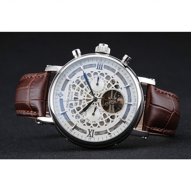 Patek Philippe Grand Complications Annual Calendar White Dial Silver Case Brown Leather Bracelet 1454233-3