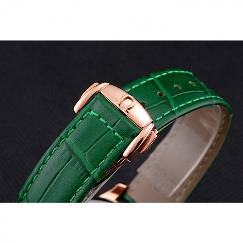 SS Replica Watches Omega DeVille Prestige Co-Axial Diamond Gold Case Mother-Of-Pearl Dial Green Leather Strap-5