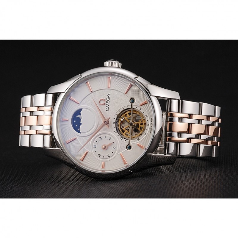 Omega De Ville Moonphase Tourbillon White Dial Stainless Steel Case Two Tone Steel Rose Gold Bracelet-3