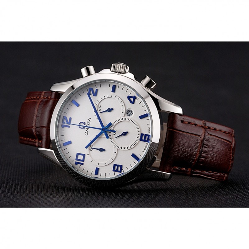 Omega Chronograph White Dial Blue Numerals Stainless Steel Case Brown Leather Strap-4