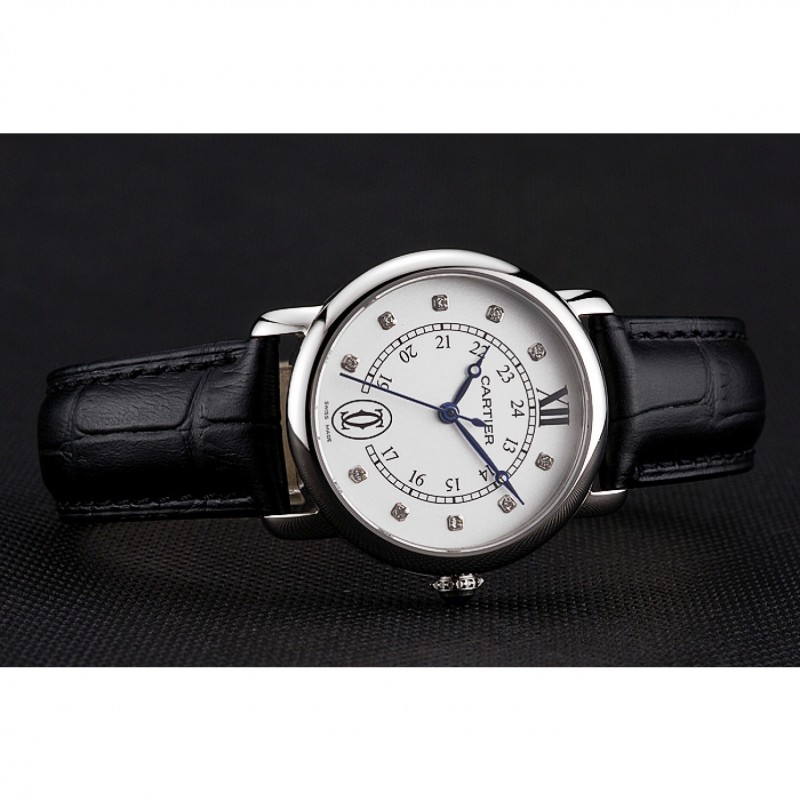 Cartier Ronde White Dial Diamond Hour Marks Stainless Steel Case Black Leather Strap-3
