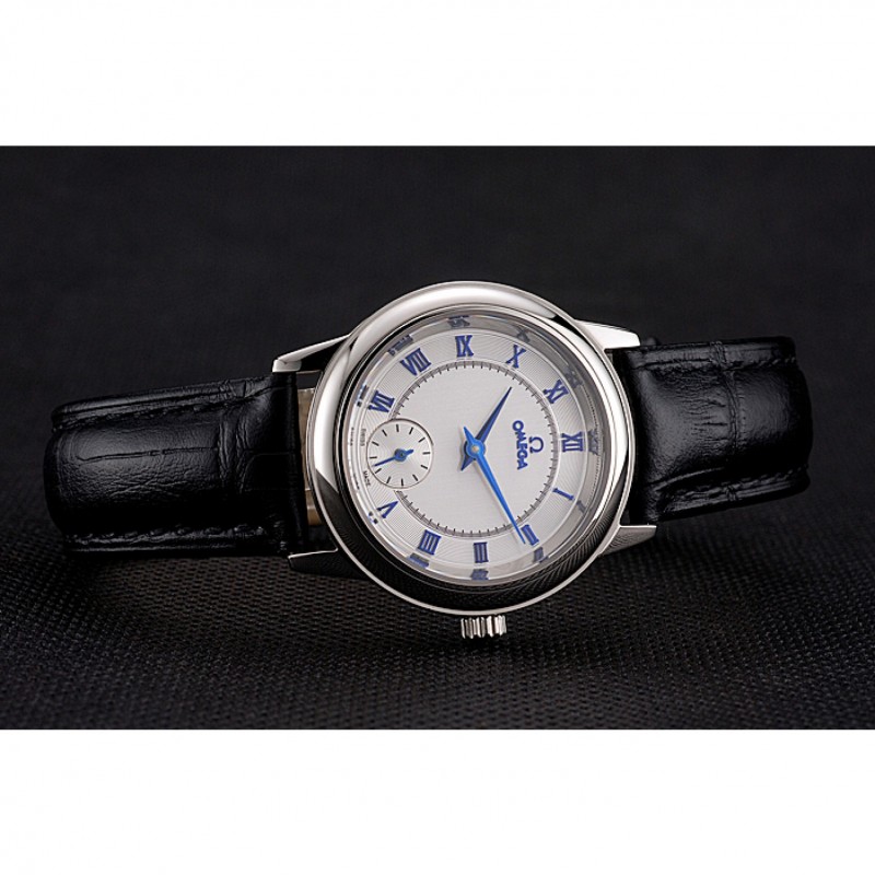 Omega De Ville Prestige Small Seconds White Dial Blue Numerals Stainless Steel Case Black Leather Strap-4