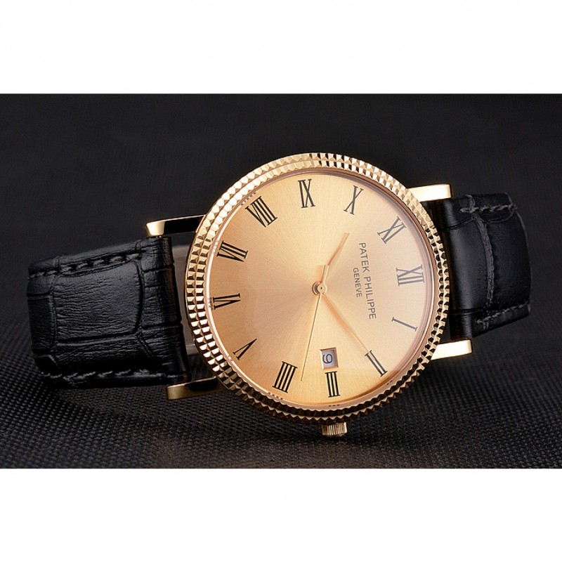 AAA Replica Watches Patek Philippe Calatrava Gold Dial Roman Numerals Ribbed Bezel Gold Case Black Leather Strap-4