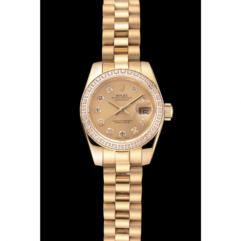 SS Replica Watches Swiss Rolex Lady-Datejust Champagne Dial Diamond Bezel Gold Bracelet 1454095-1