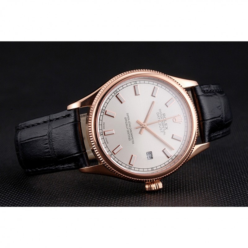 High Quality Swiss Rolex Datejust White Dial Rose Gold Case Black Leather Strap-4