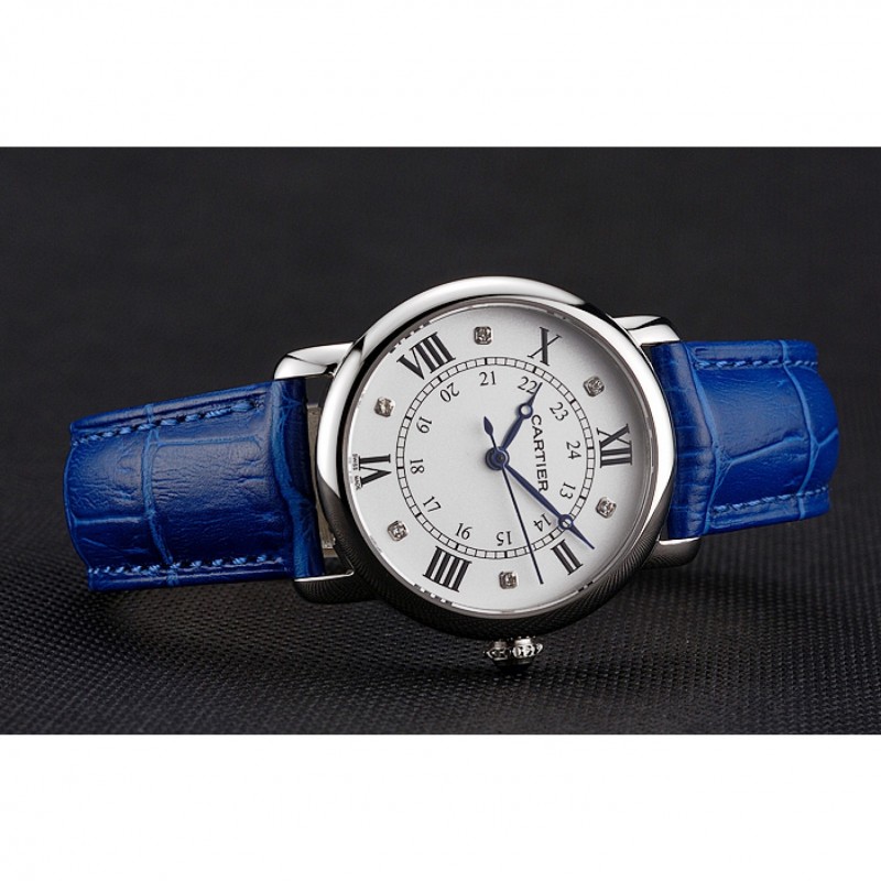 Cartier Ronde White Dial Diamond Hour Marks Stainless Steel Case Blue Leather Strap-3