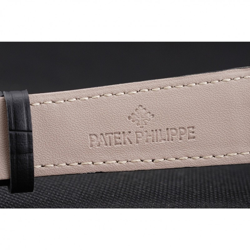 Patek Philippe Chronograph Black Dial With Diamonds Stainless Steel Case Black Leather Strap-6