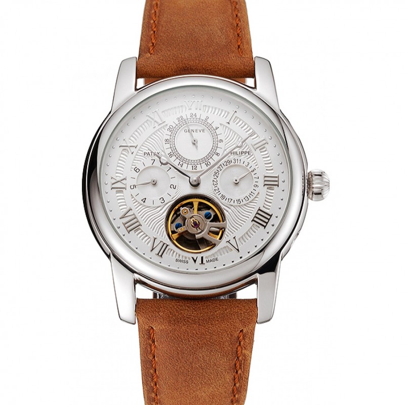Patek Philippe Grand Complications Day Date Tourbillon Whie Dial Stainless Steel Case Brown Suede Leather Strap 1453817-0