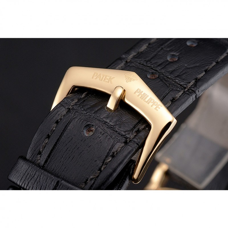 AAA Replica Watches Patek Philippe Calatrava Gold Dial Roman Numerals Ribbed Bezel Gold Case Black Leather Strap-5