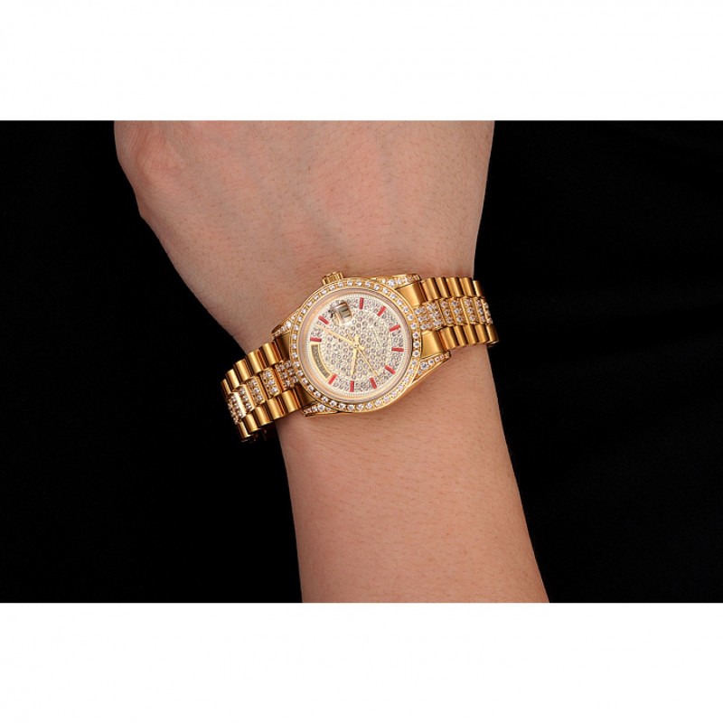 Swiss Rolex Day-Date Red Diamond Pave Dial Gold Diamond Bracelet 1453960-8