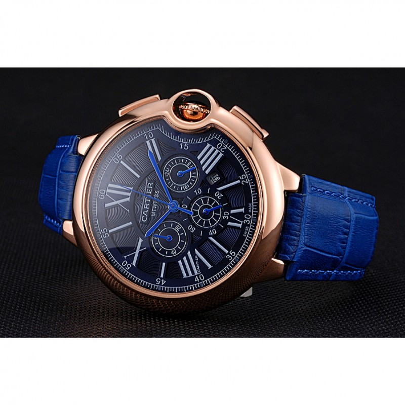 Cartier Ballon Bleu Blue Dial Gold Case Blue Leather Strap-3