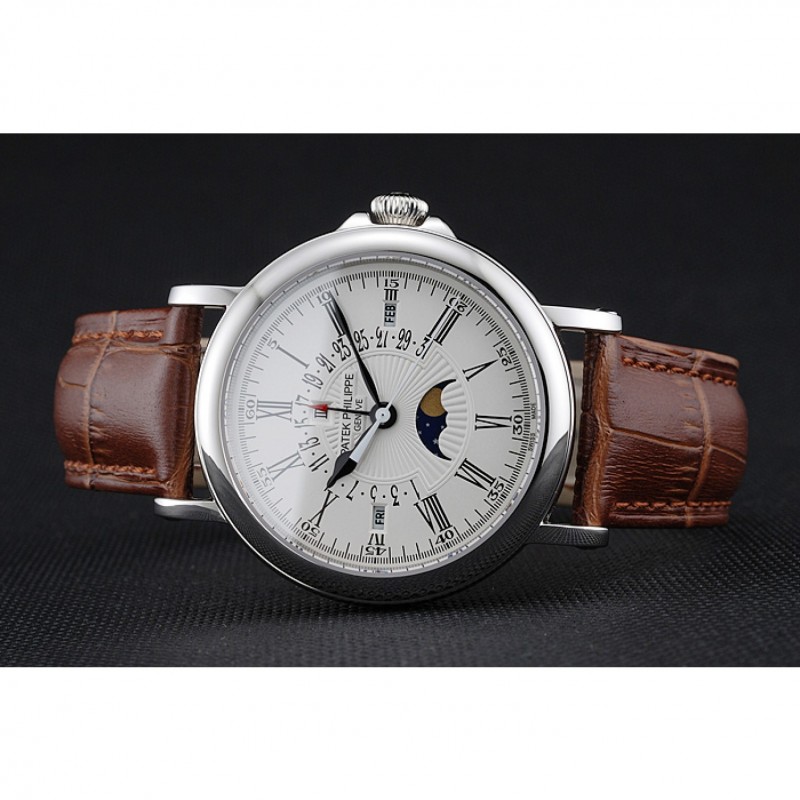 Cheap Replica Watches Patek Philippe Perpetual Calendar Retrograde Date White Dial Silver Case Brown Leather Bracelet 1454149-3