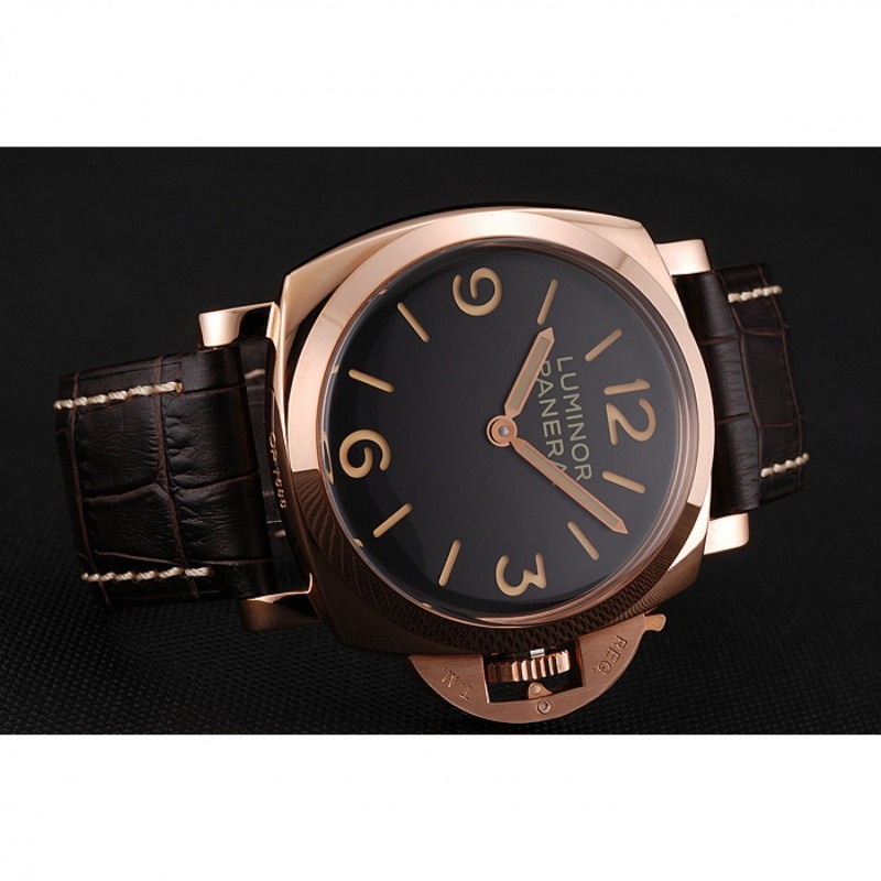 Swiss Panerai Luminor Black Dial Rose Gold Case Brown Leather Strap 1453842-3