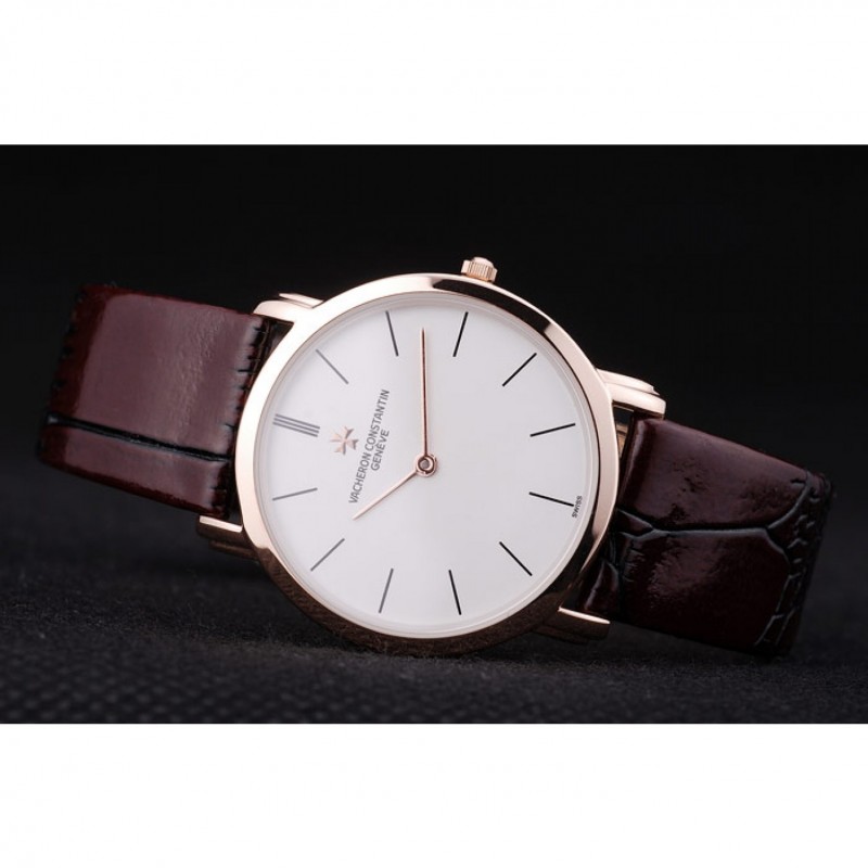Cheap Vacheron Constantin Patrimony White Dial Rose Gold Case Rich Maroon Leather Bracelet-3