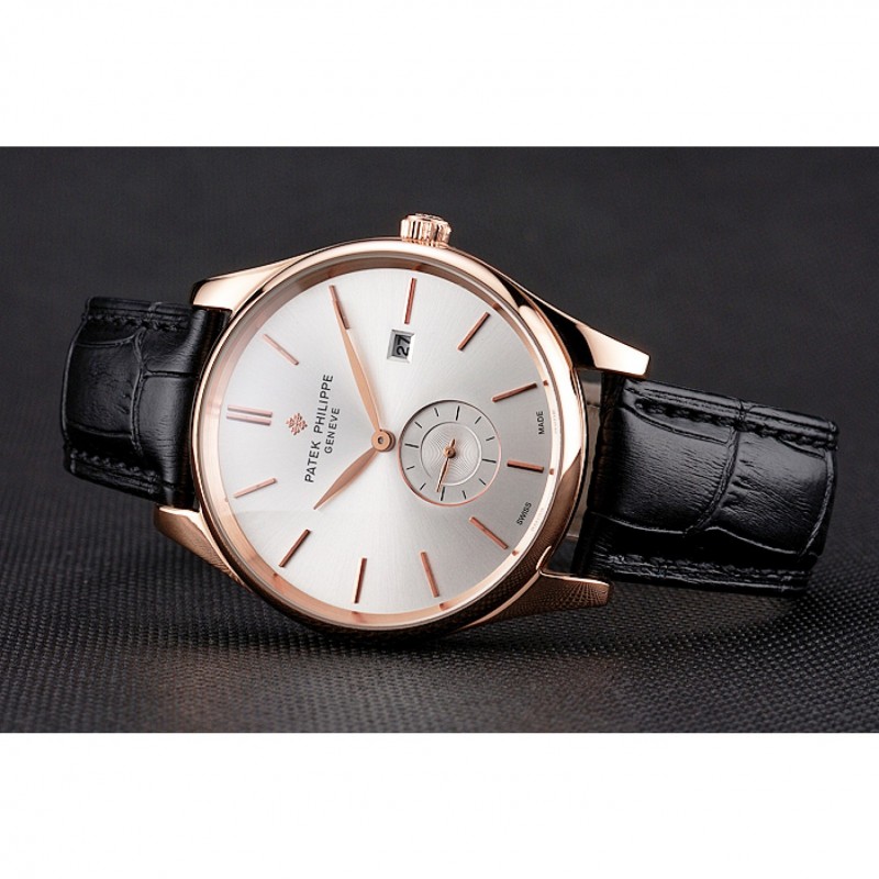 Patek Philippe Calatrava Date White Dial Rose Gold Case Black Leather Strap-3
