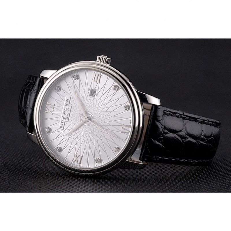 High End Patek Philippe Calatrava Date White Embossed Dial Stainless Steel Case Black Leather Strap-3