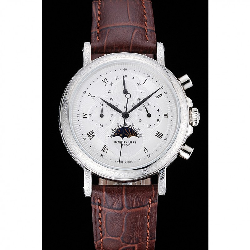 Patek Philippe Grand Complications White Dial Engraved Silver Case Brown Leather Bracelet 1454143-1
