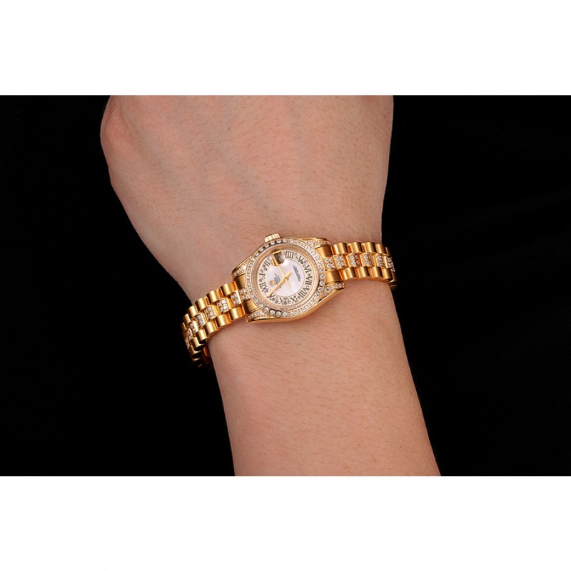 Swiss Rolex DayJust Diamond Pave White Dial Gold Diamond Bracelet 1453957-8