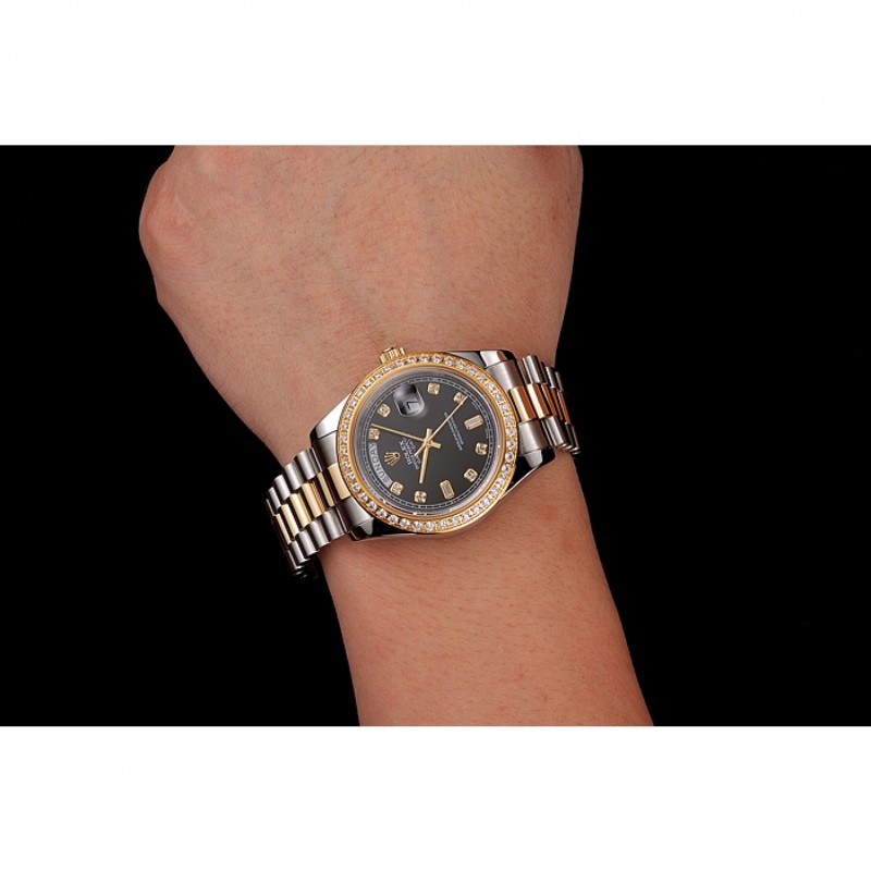 Cheap Replica Watches Swiss Rolex Day-Date Black Dial Gold Diamond Case Two Tone Stainless Steel Bracelet 1453976-8