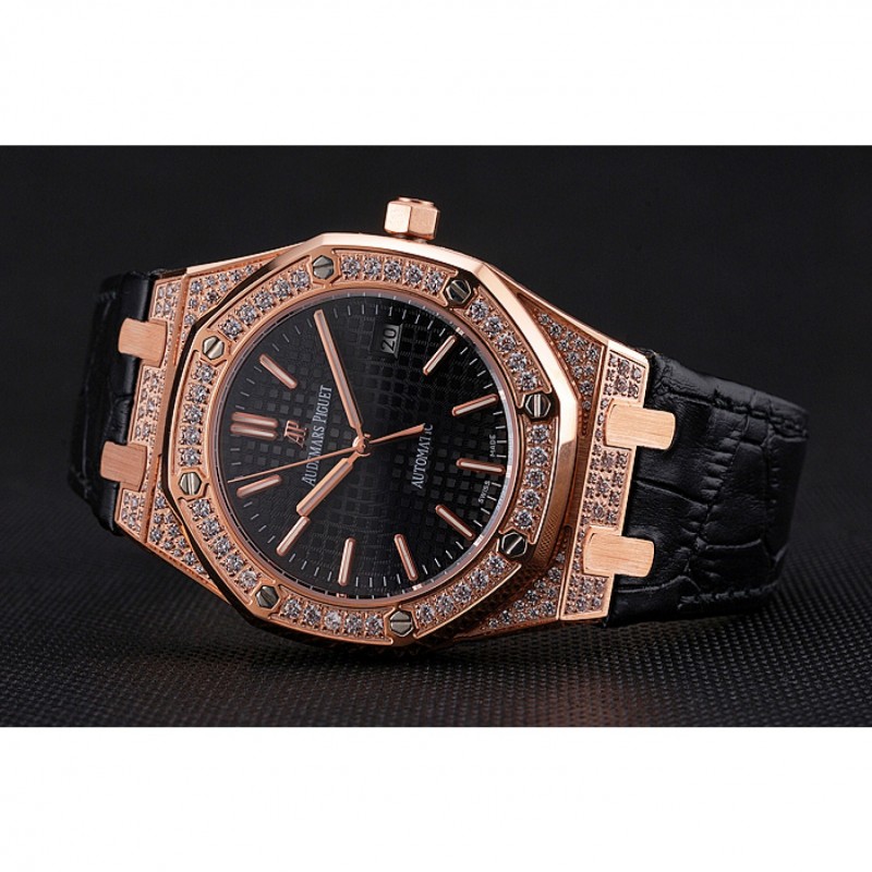 Swiss Audemars Piguet Royal Oak Black Dial Gold Case With Diamonds Black Leather Strap-3