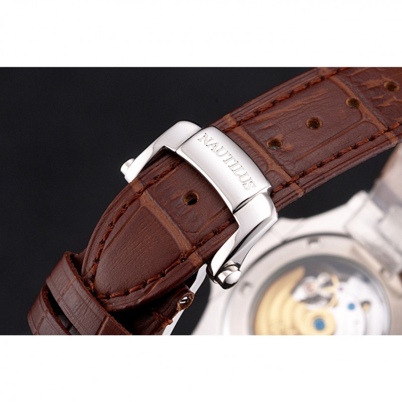 High Quality Patek Philippe Nautilus Gray Dial Stainless Steel Case Brown Leather Strap-5