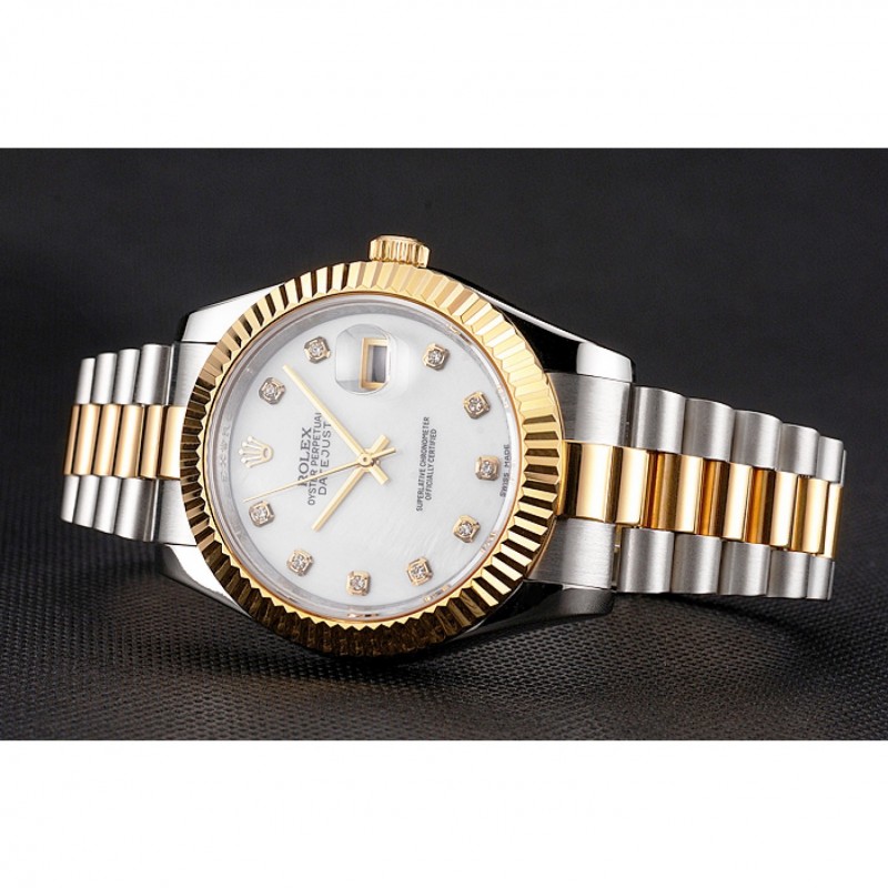 Luxury Replica Watches Swiss Rolex Datejust White Dial Diamond Hour Marks Gold Bezel Stainless Steel Case Two Tone Bracelet-4