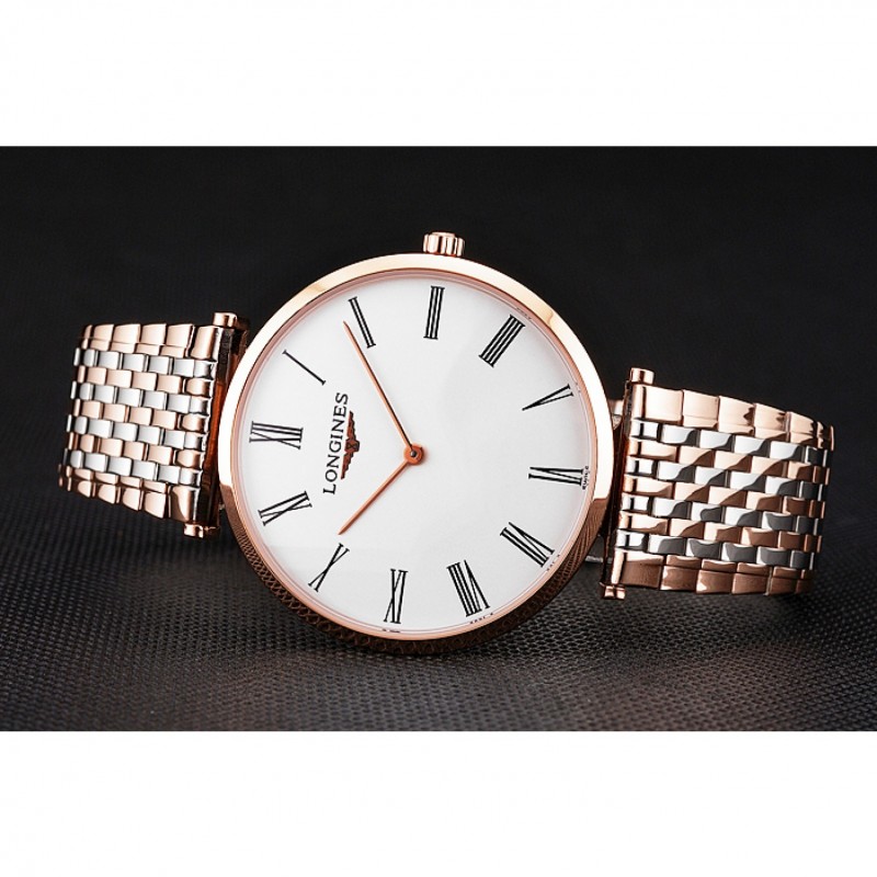 Swiss Longines Grande Classique White Dial Roman Numerals Rose Gold Case Two Tone Bracelet-4