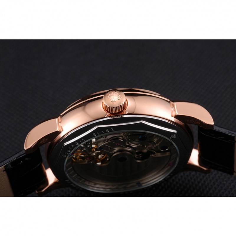 Patek Philippe Dual Time Moonphase Tourbillon Black Skeletonised Rose Gold Case Black Leather Strap-7