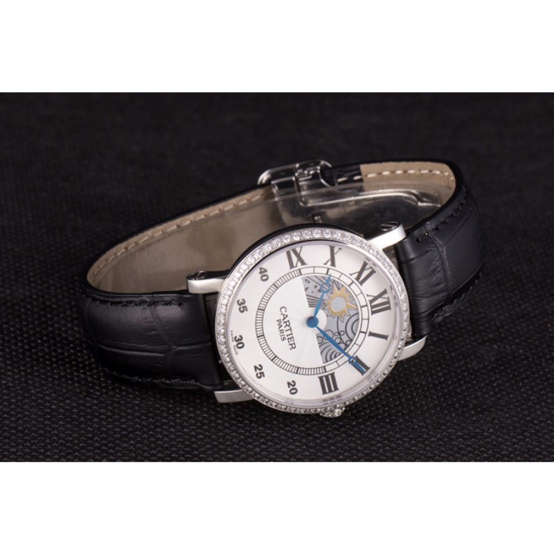 Luxury Replica Watches Cartier Moonphase Silver Watch with Black Leather Band ct255 621374-3