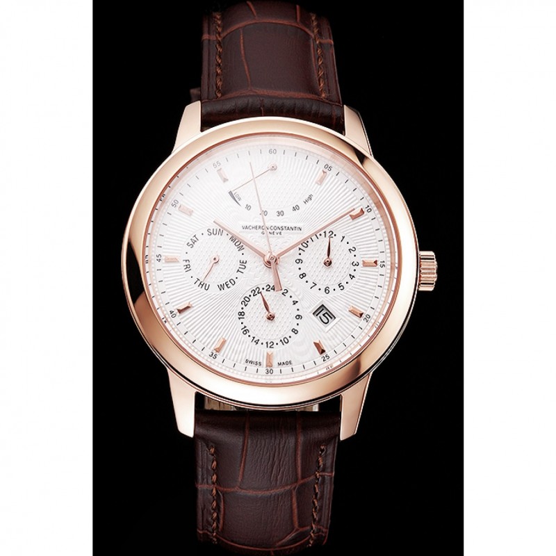 Swiss Vacheron Constantin Traditionnelle Power Reserve White Dial Rose Gold Case Brown Leather Strap-1