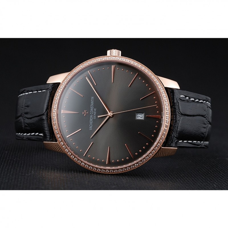 High End Replica Watches Swiss Vacheron Constantin Patrimony Grey Dial Gold Diamonds Case Black Leather Bracelet 1454173-3