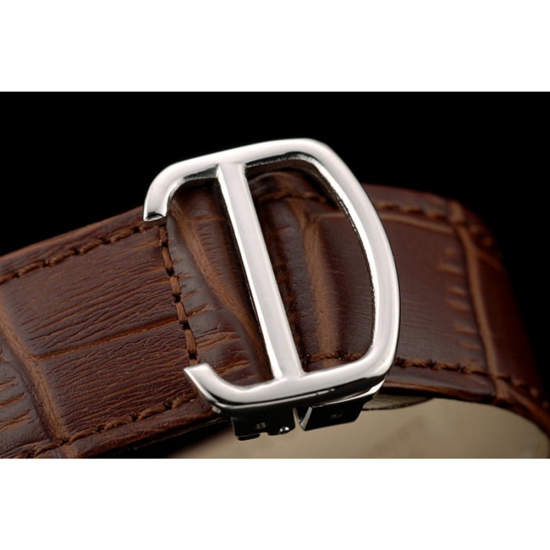 Cartier Calibre White Dial Diamonds Two Tone Case Brown Leather Bracelet-5