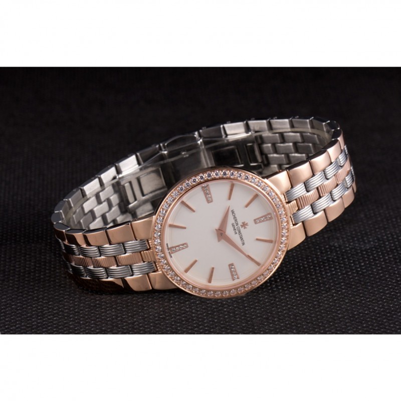Cheap Vacheron Constantin Patrimony Traditionnelle White Dial Rose Gold Diamond Case Two Tone Bracelet-3