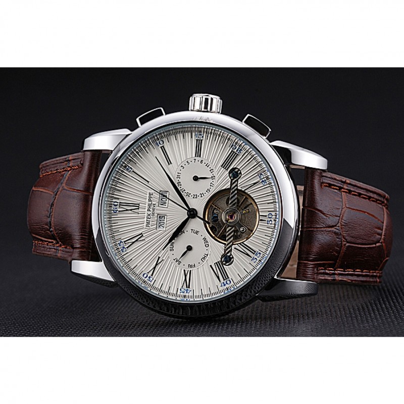 Patek Philippe Grand Complications Stainless Steel Case White Dial Roman Numerals Brown Leather Strap 622254-4