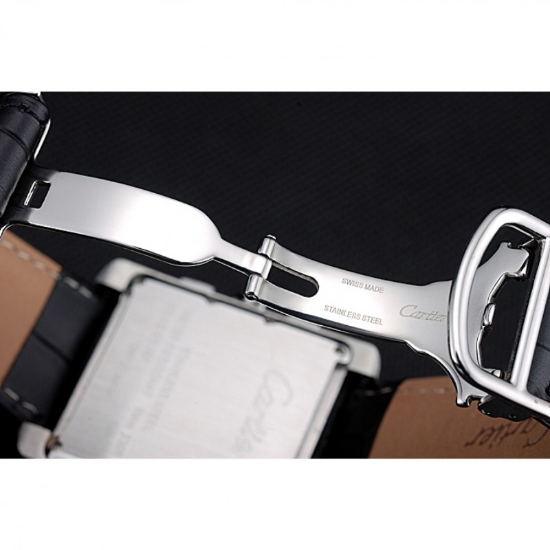 High Quality Replica Watches Cartier Tank MC Black Dial Stainless Steel Case Black Leather Bracelet 622690-6