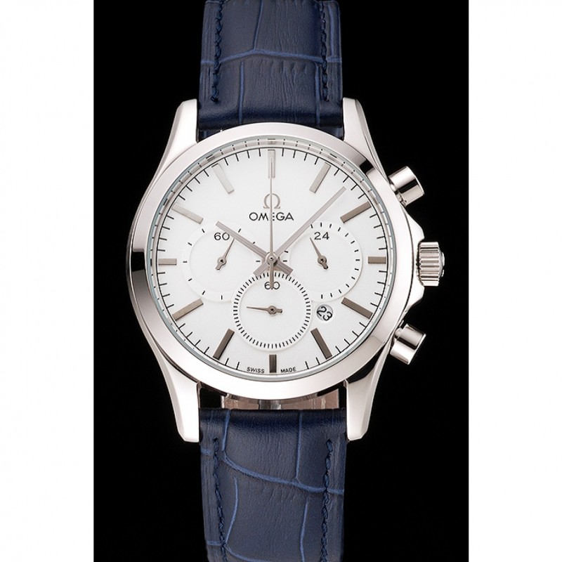 Omega Chronograph White Dial Stainless Steel Case Blue Leather Strap-1