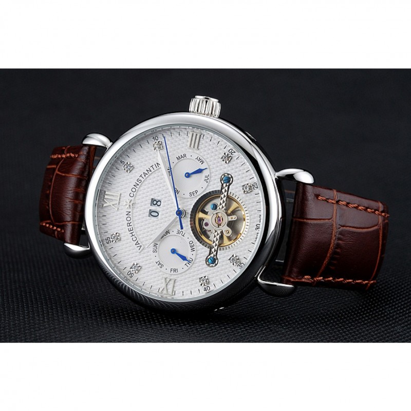Cheap Replica Watches Vacheron Constantin Traditionnelle Tourbillon White Dial Diamond Numerals Brown Leather Bracelet 1454064-4