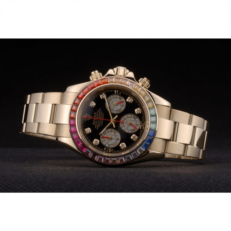 Best Replica Watches Rolex Daytona Cosmograph Rainbow Crystals Bezel Rose Gold Strap Black Dial 80251-4