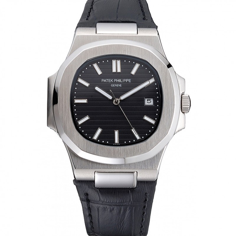 Patek Philippe Nautilus Black Dial Brushed Stainless Steel Case Black Leather Strap-0