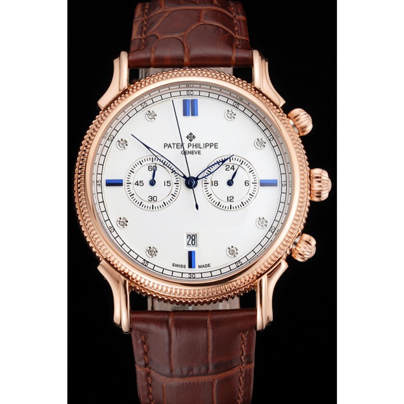 Best Patek Philippe Chronograph White Dial With Blue And Diamond Markings Rose Gold Case Brown Leather Strap-1