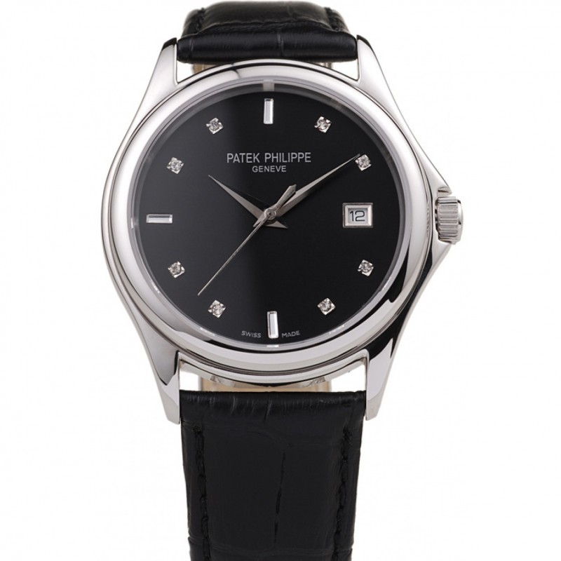 Patek Philippe Geneve Calatrava Crystal Studded Hour Marker Black Dial Black Leather Strap 98170-0